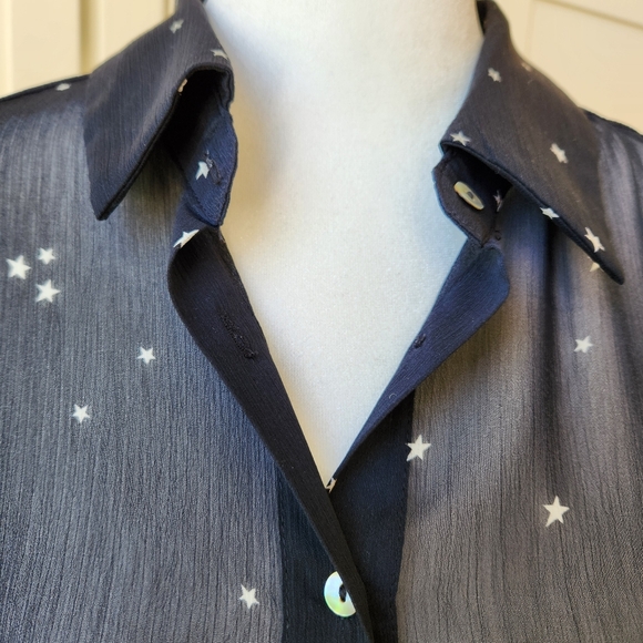 Lovestitch Star Print Black White Long Sleeve Sheer Blouse Top Button Medium - Picture 5 of 15